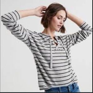 Lucky Brand Sweatshirt Stripes Lace Up Shine Gray XS